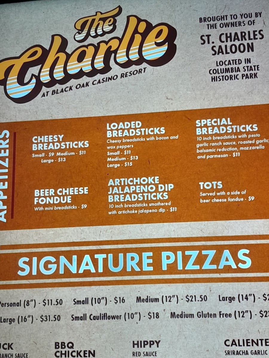 The Charlie | Black Oak Casino Resort menu board