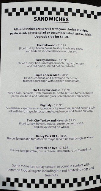Park Deli menu board