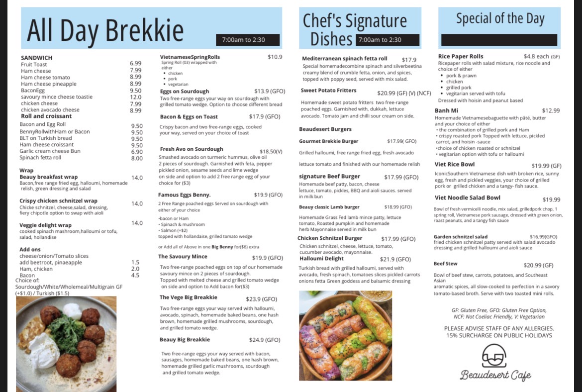 Beaudesert Cafe menu board