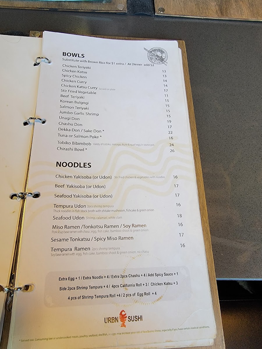 URBN Sushi - La Jolla menu board