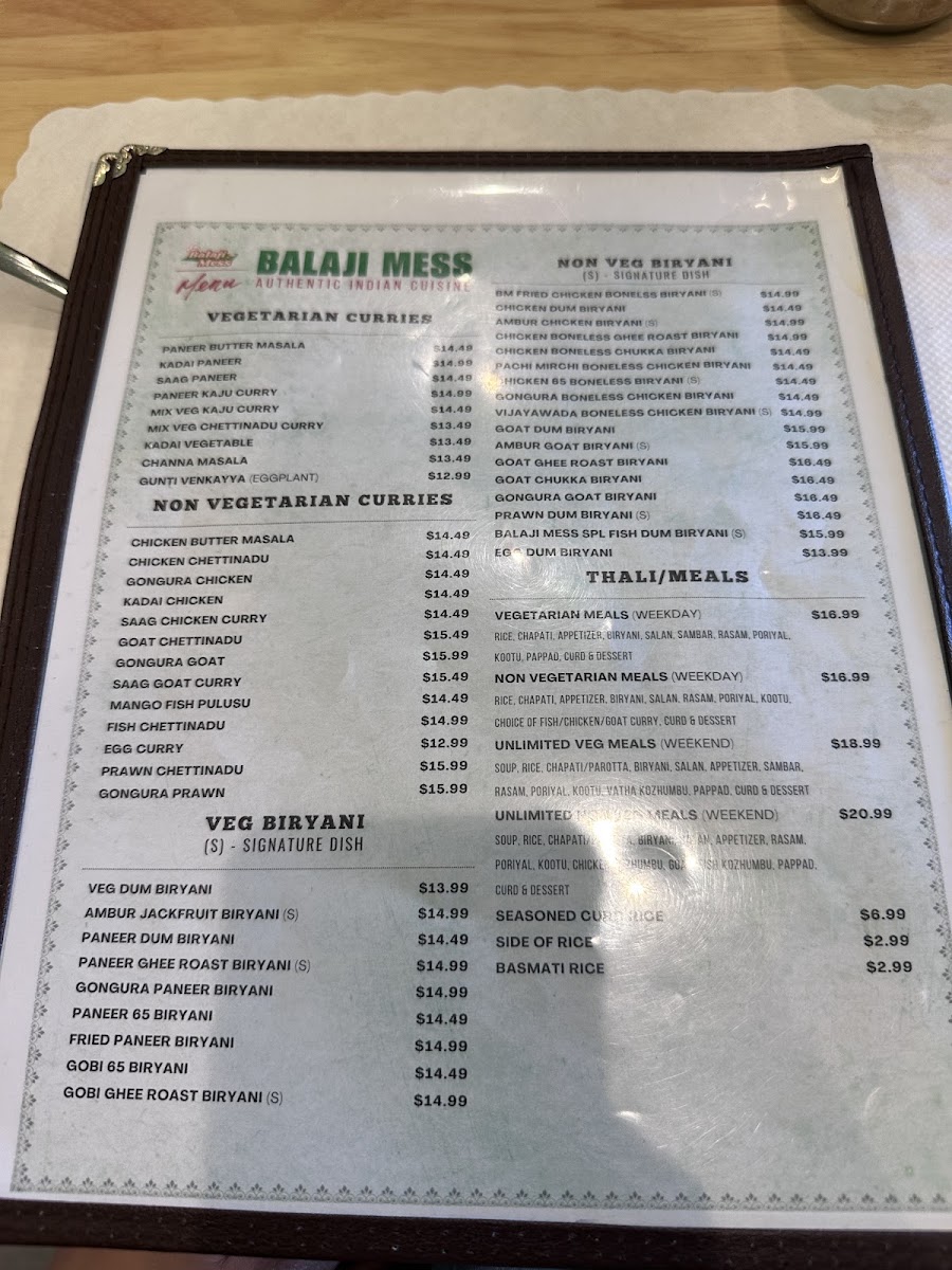 Mirchi Grill menu board