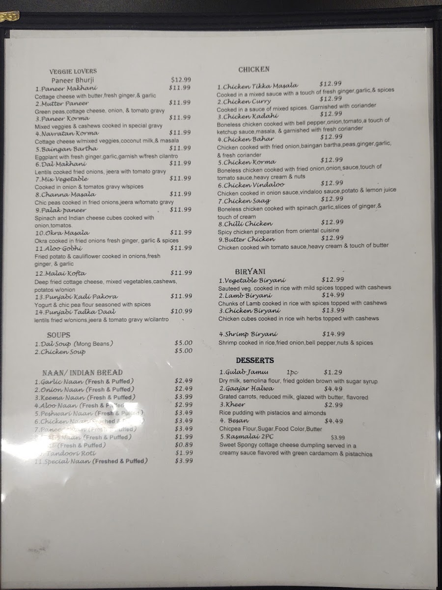 India Restaurant menu board