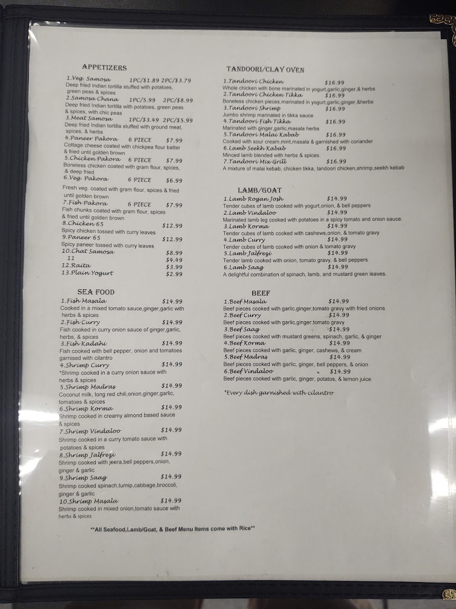 India Restaurant menu board