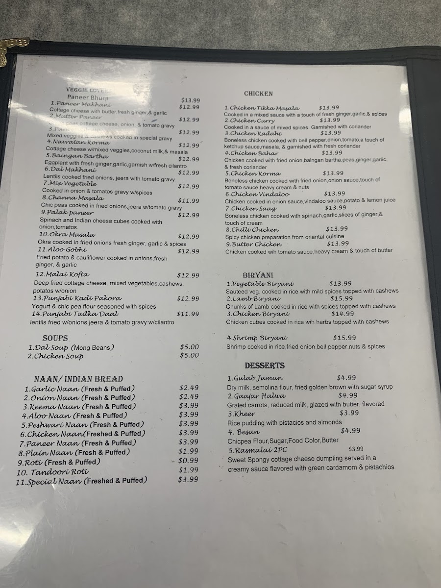 India Restaurant menu board