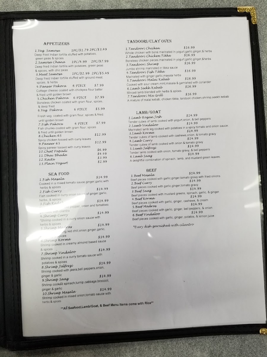 India Restaurant menu board