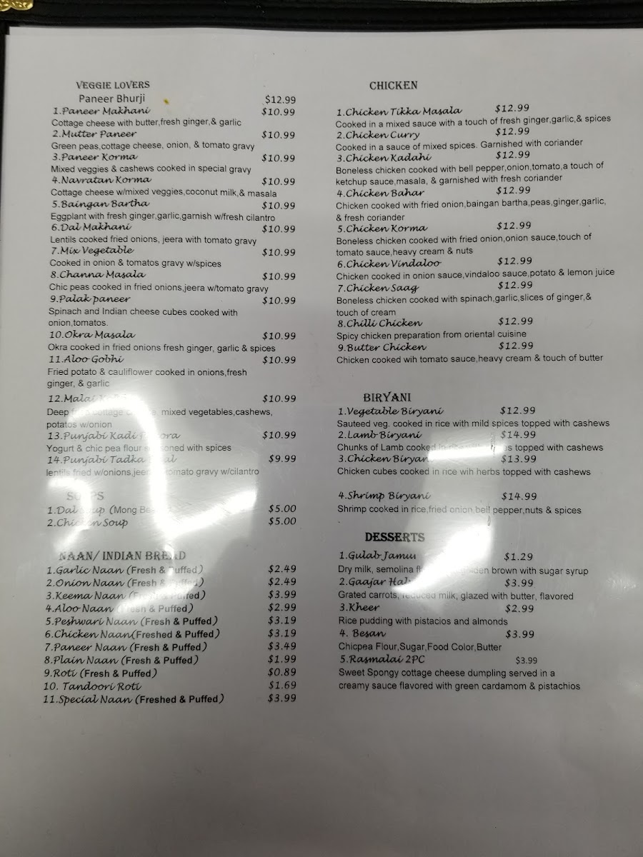 India Restaurant menu board