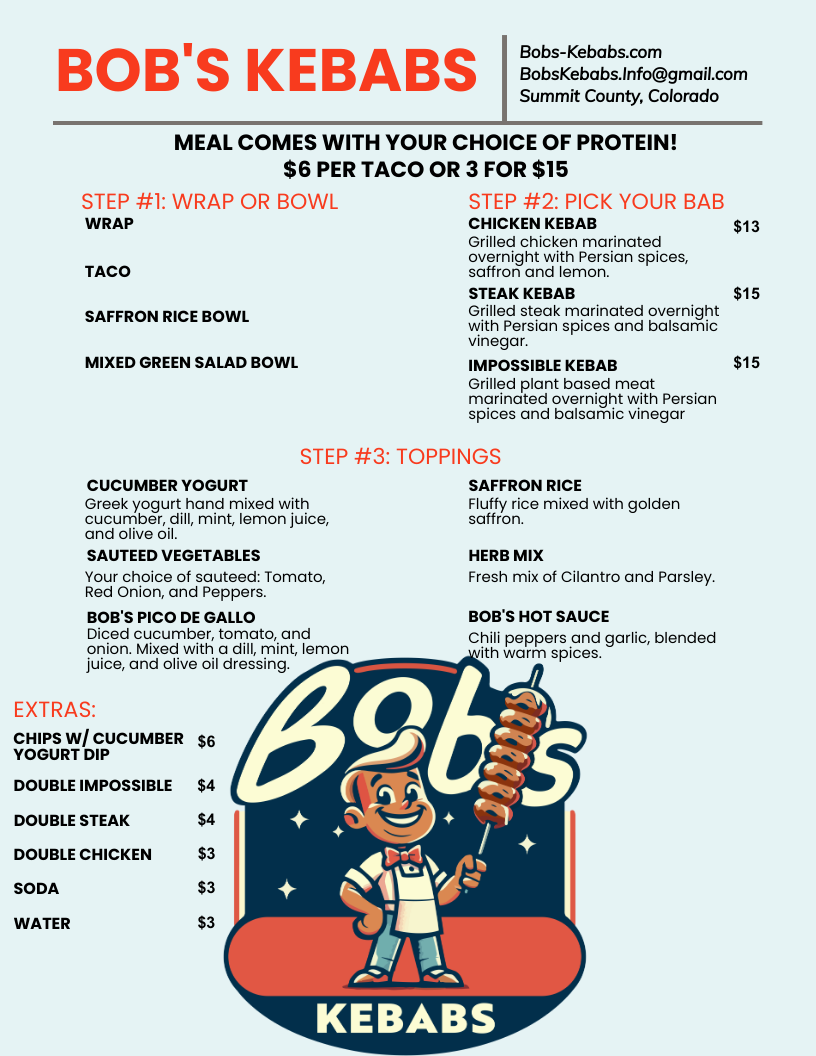 Bob's Kebabs menu board