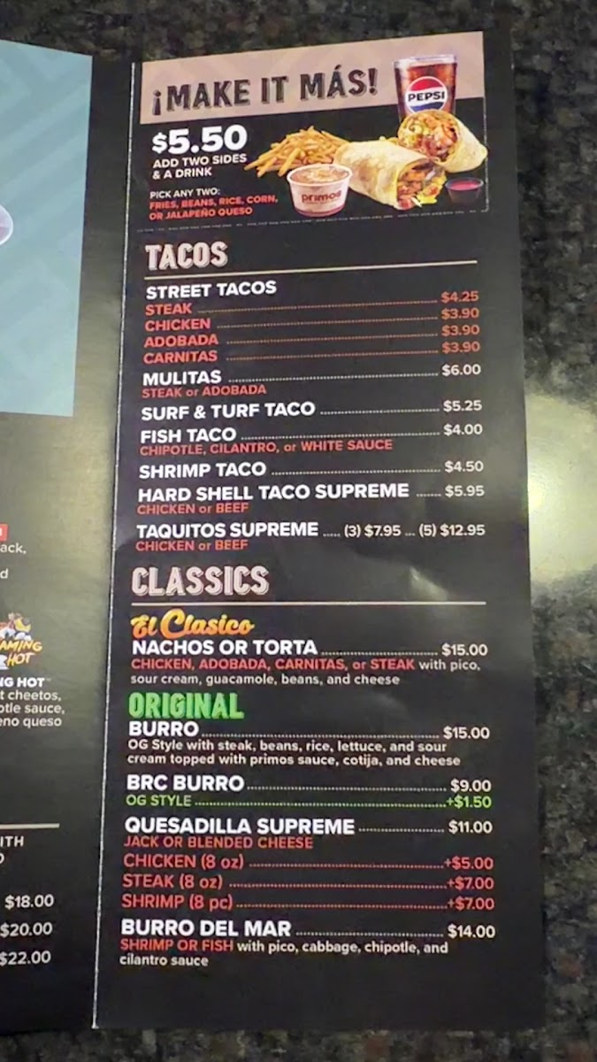 Primos Mexican Food & Cantina menu board