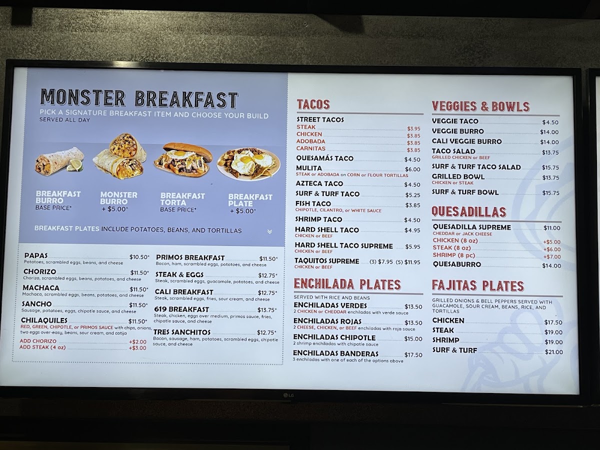 Primos Mexican Food & Cantina menu board