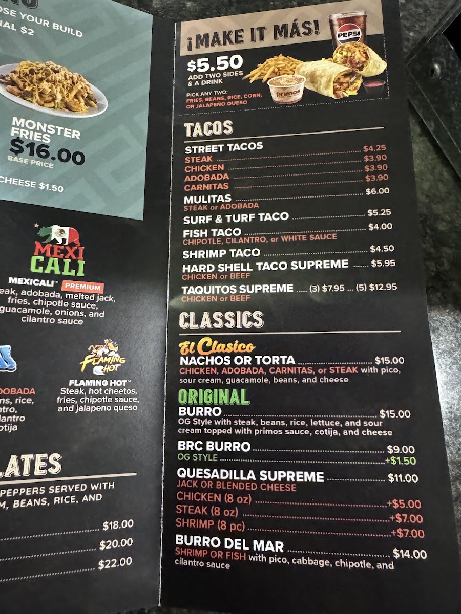 Primos Mexican Food & Cantina menu board