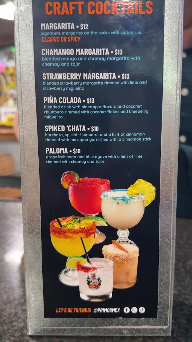 Primos Mexican Food & Cantina menu board