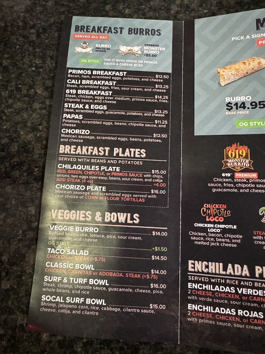 Primos Mexican Food & Cantina menu board