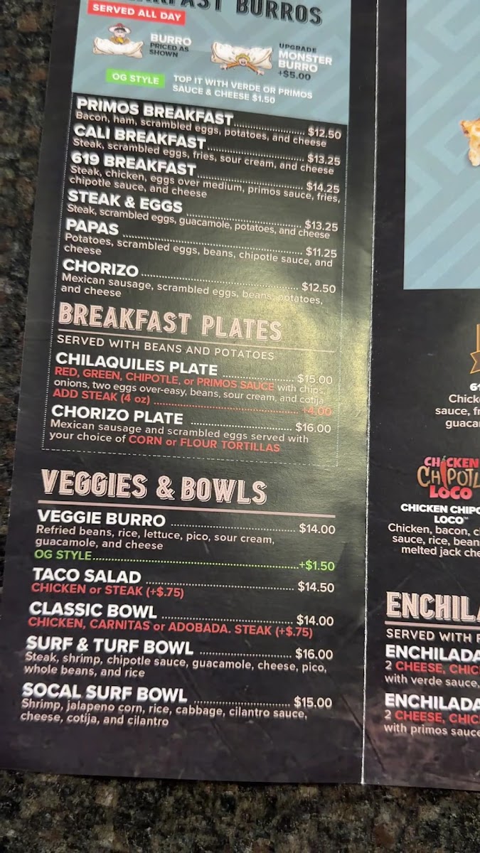 Primos Mexican Food & Cantina menu board