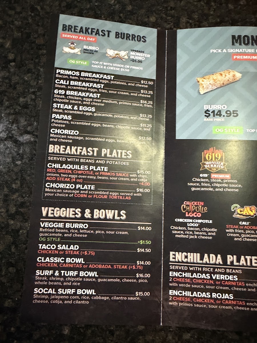 Primos Mexican Food & Cantina menu board