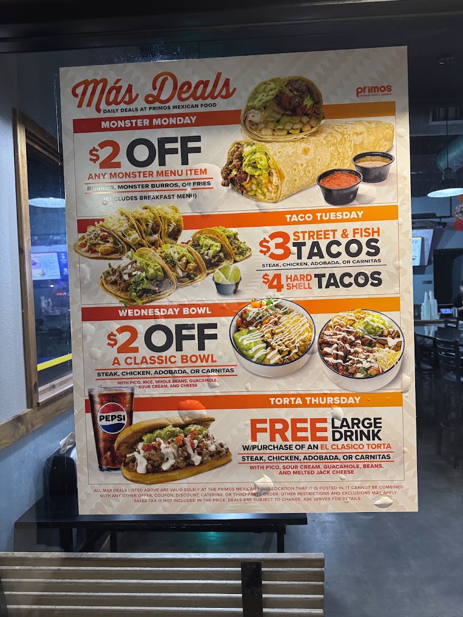 Primos Mexican Food & Cantina menu board