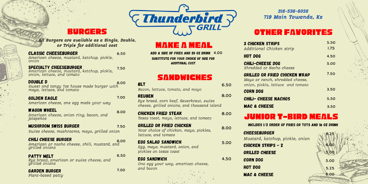 Thunderbird Grill menu board