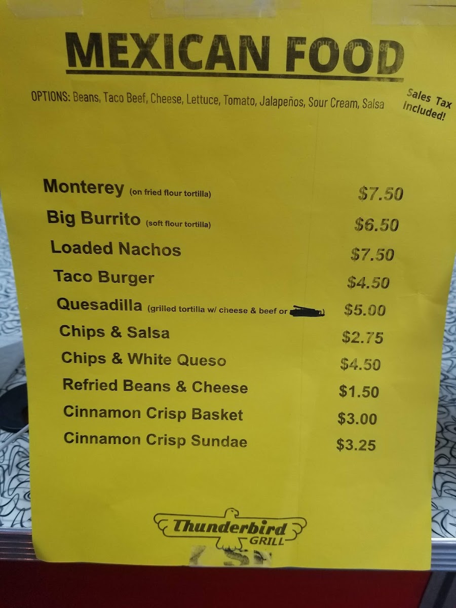 Thunderbird Grill menu board