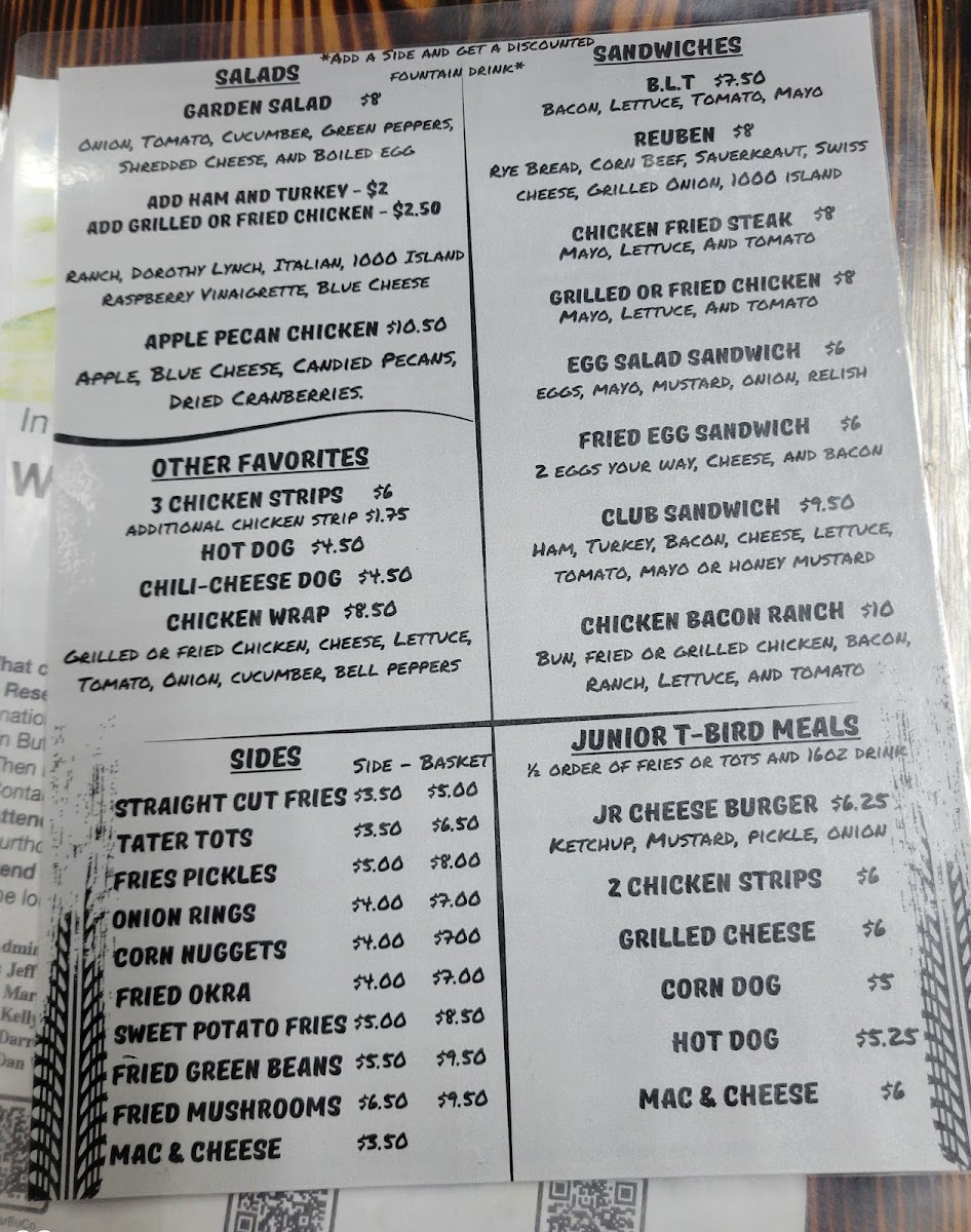 Thunderbird Grill menu board