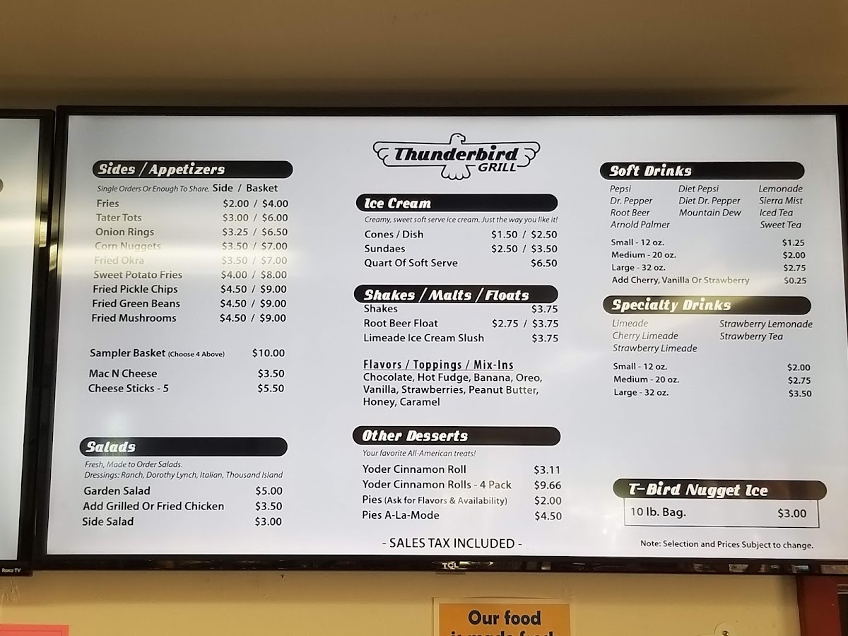Thunderbird Grill menu board