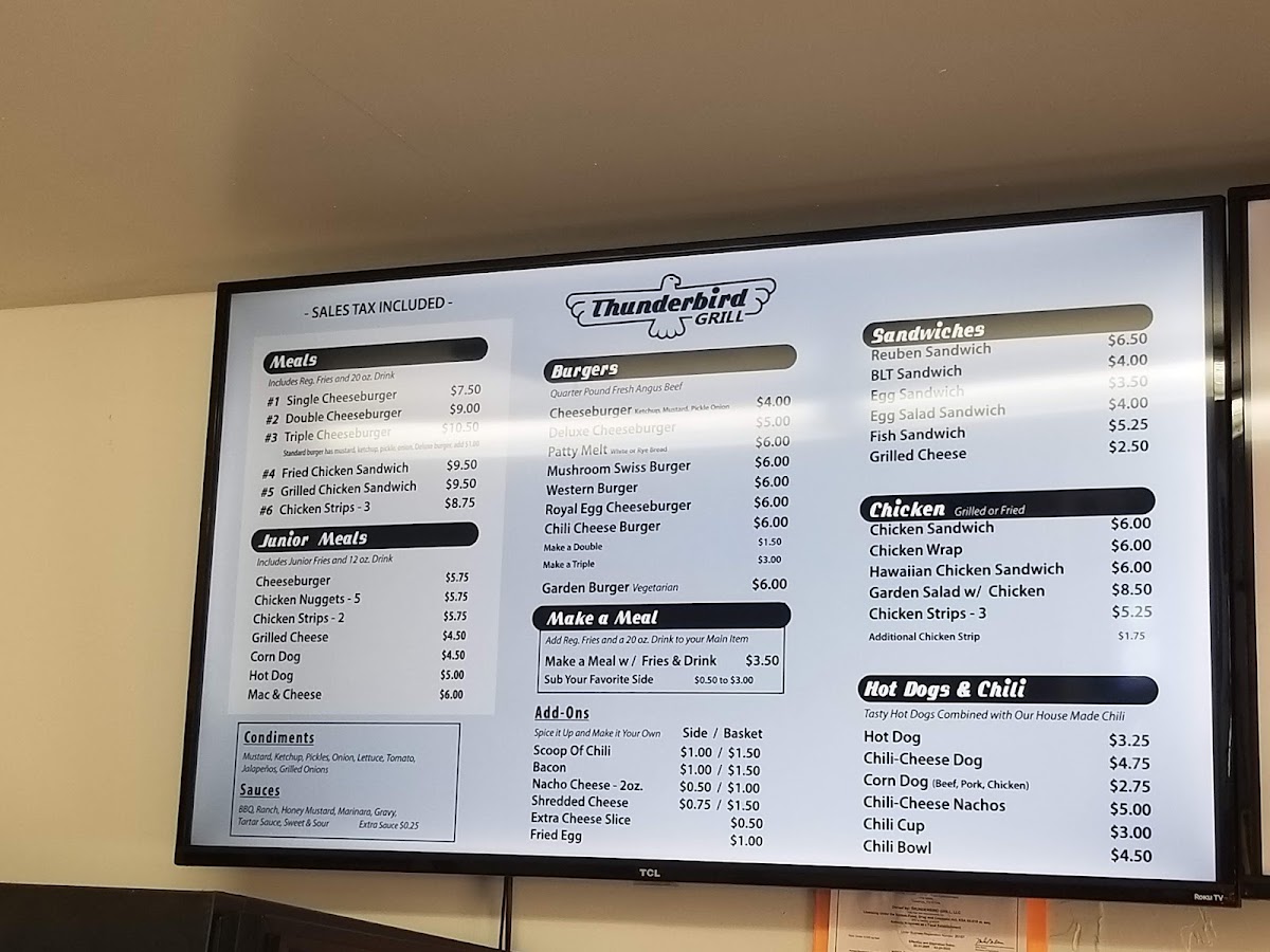 Thunderbird Grill menu board