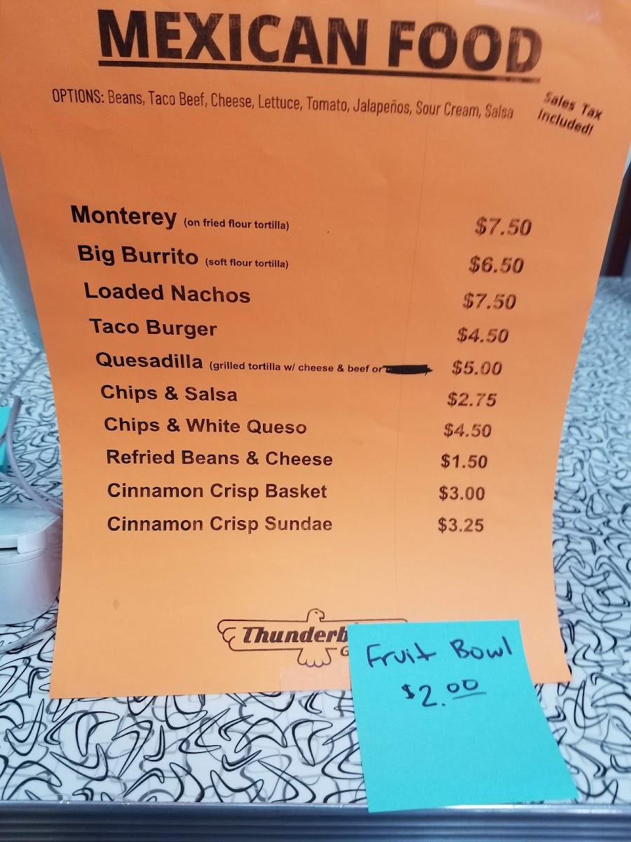 Thunderbird Grill menu board