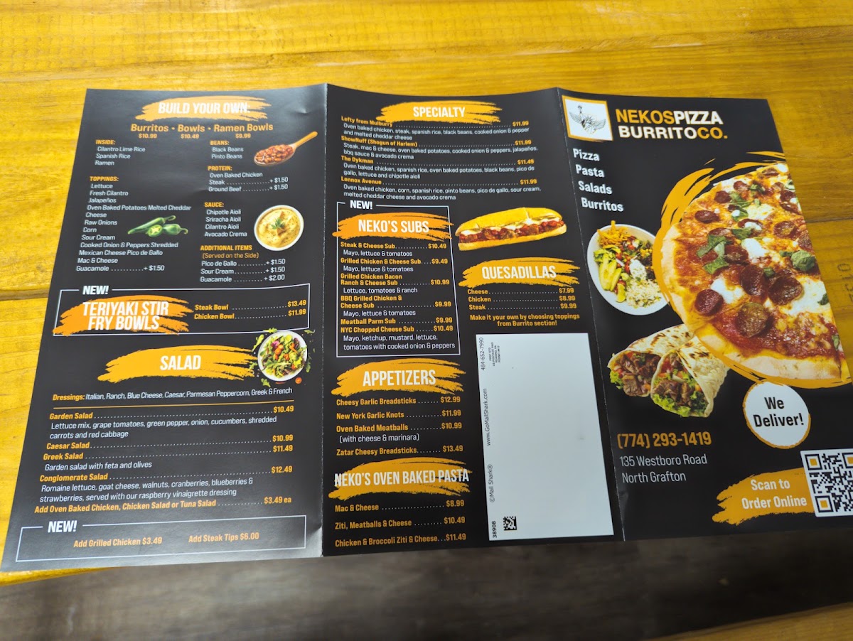 Neko's of New York menu board