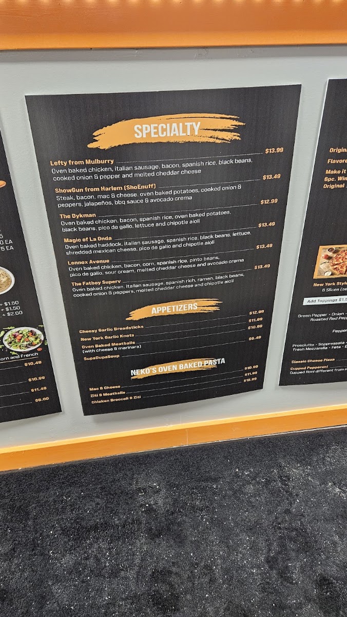 Neko's of New York menu board