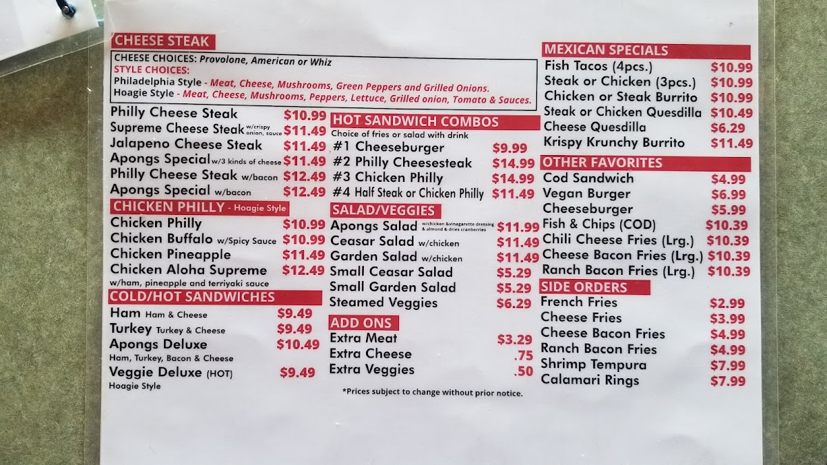Apong's Philly Steak menu board