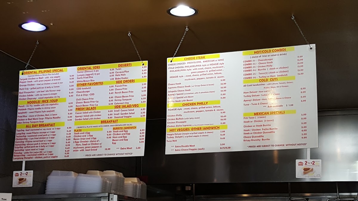 Apong's Philly Steak menu board