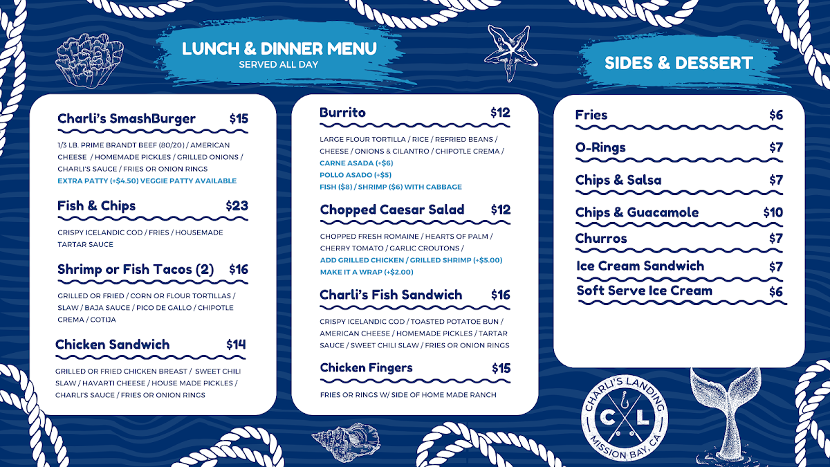 Charli's Landing menu board