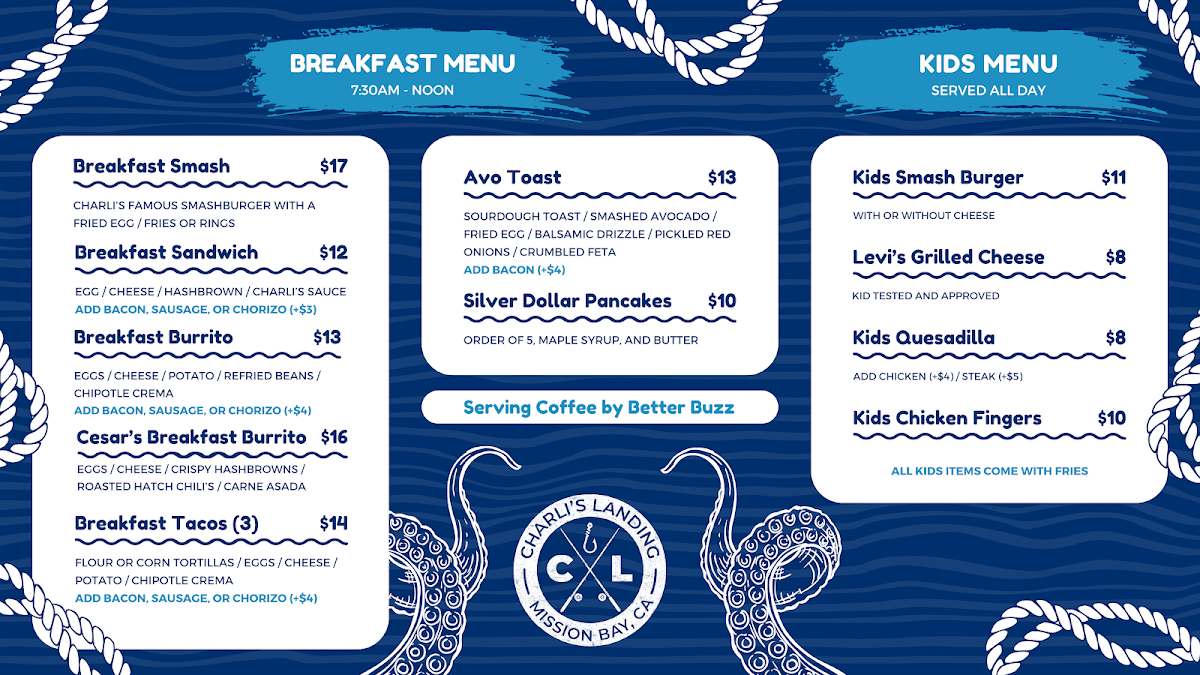 Charli's Landing menu board