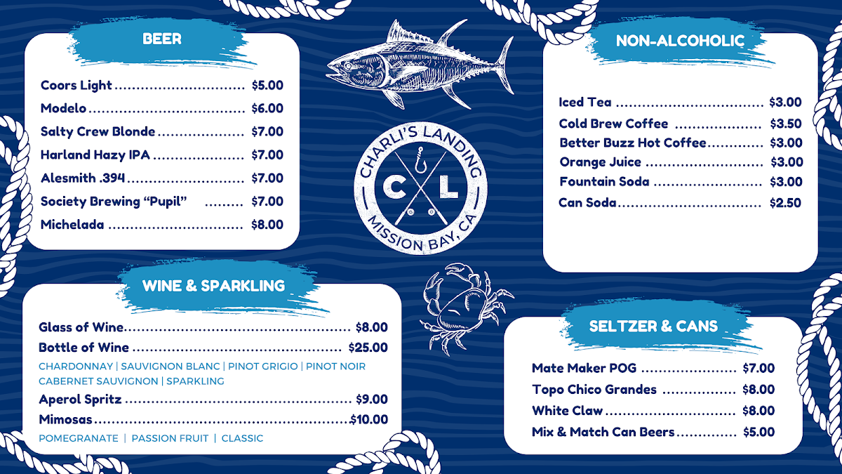 Charli's Landing menu board