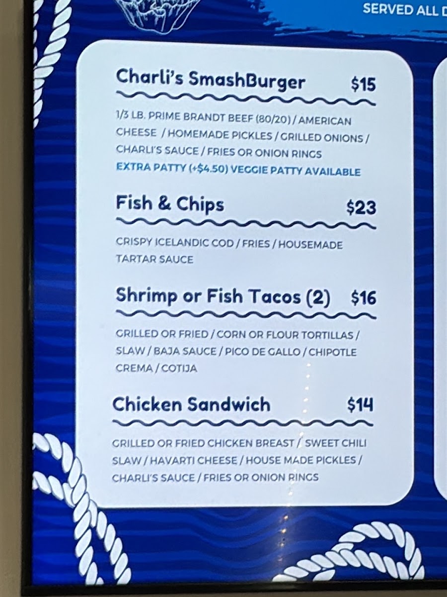 Charli's Landing menu board