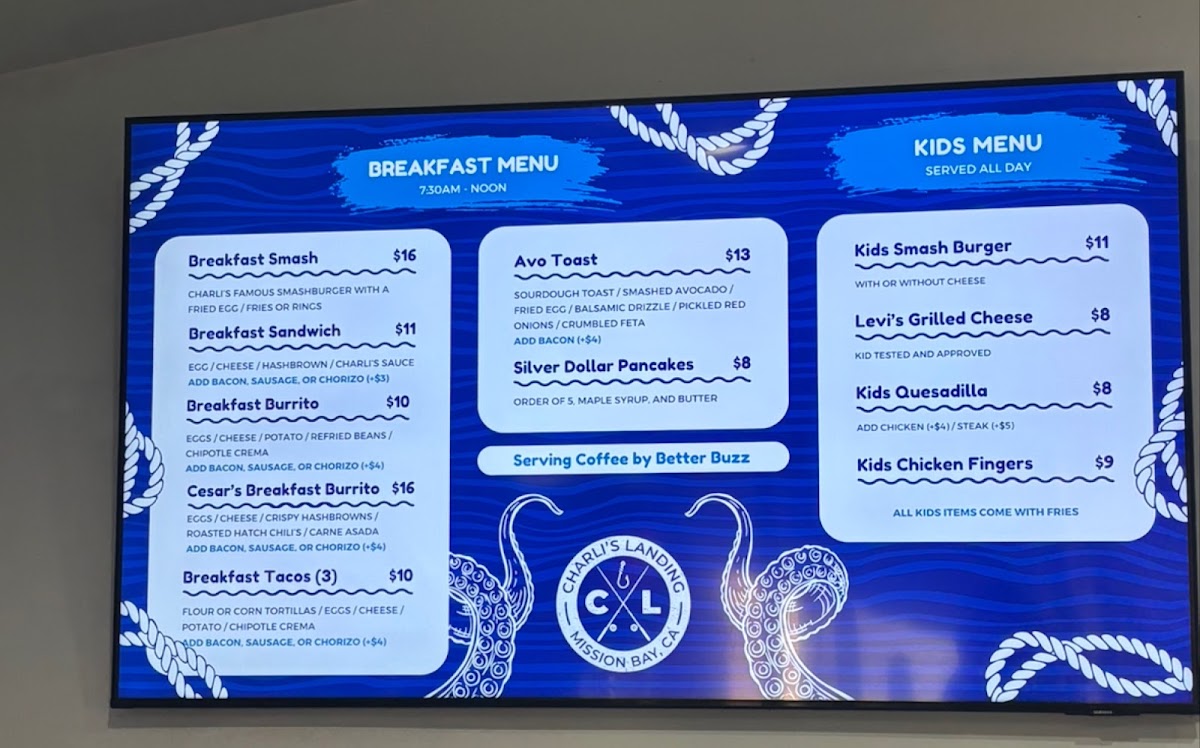 Charli's Landing menu board