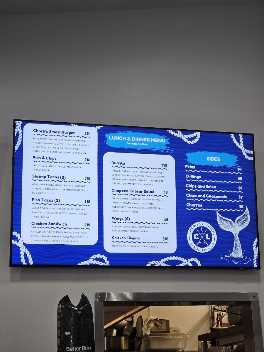 Charli's Landing menu board