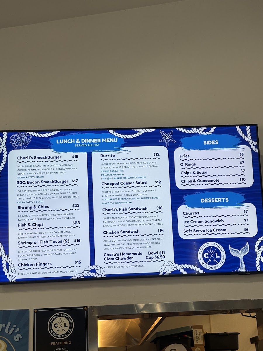 Charli's Landing menu board