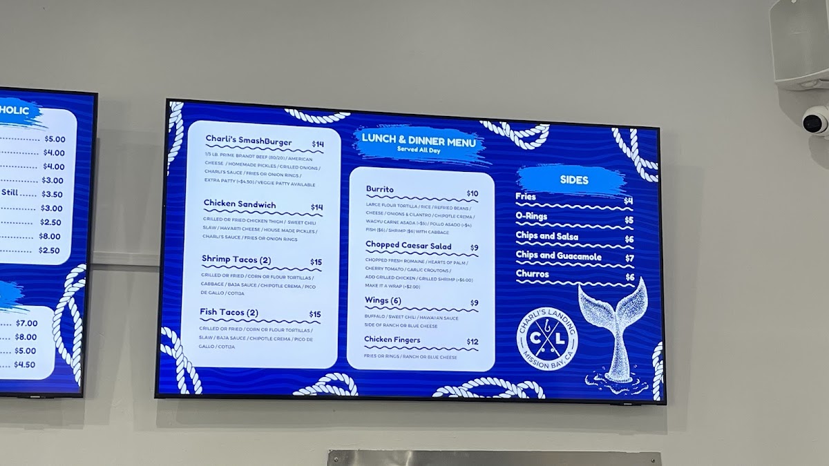 Charli's Landing menu board