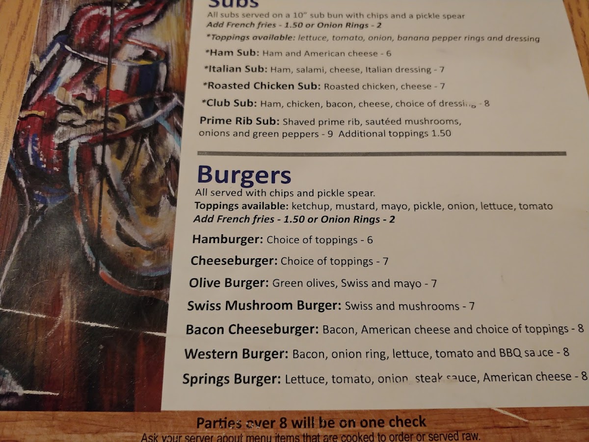 Mineral Springs Pizza Pub & Grill menu board