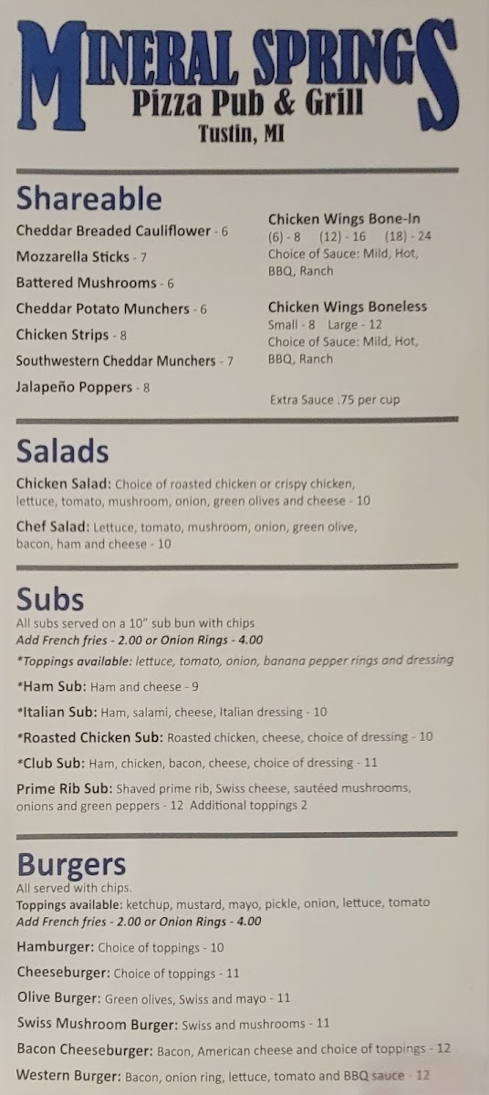 Mineral Springs Pizza Pub & Grill menu board