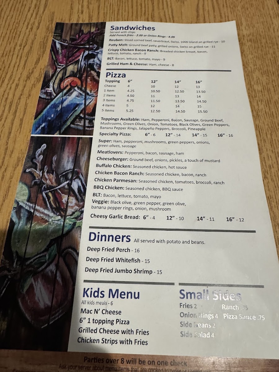 Mineral Springs Pizza Pub & Grill menu board