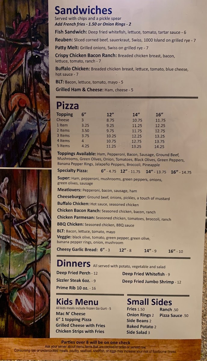 Mineral Springs Pizza Pub & Grill menu board