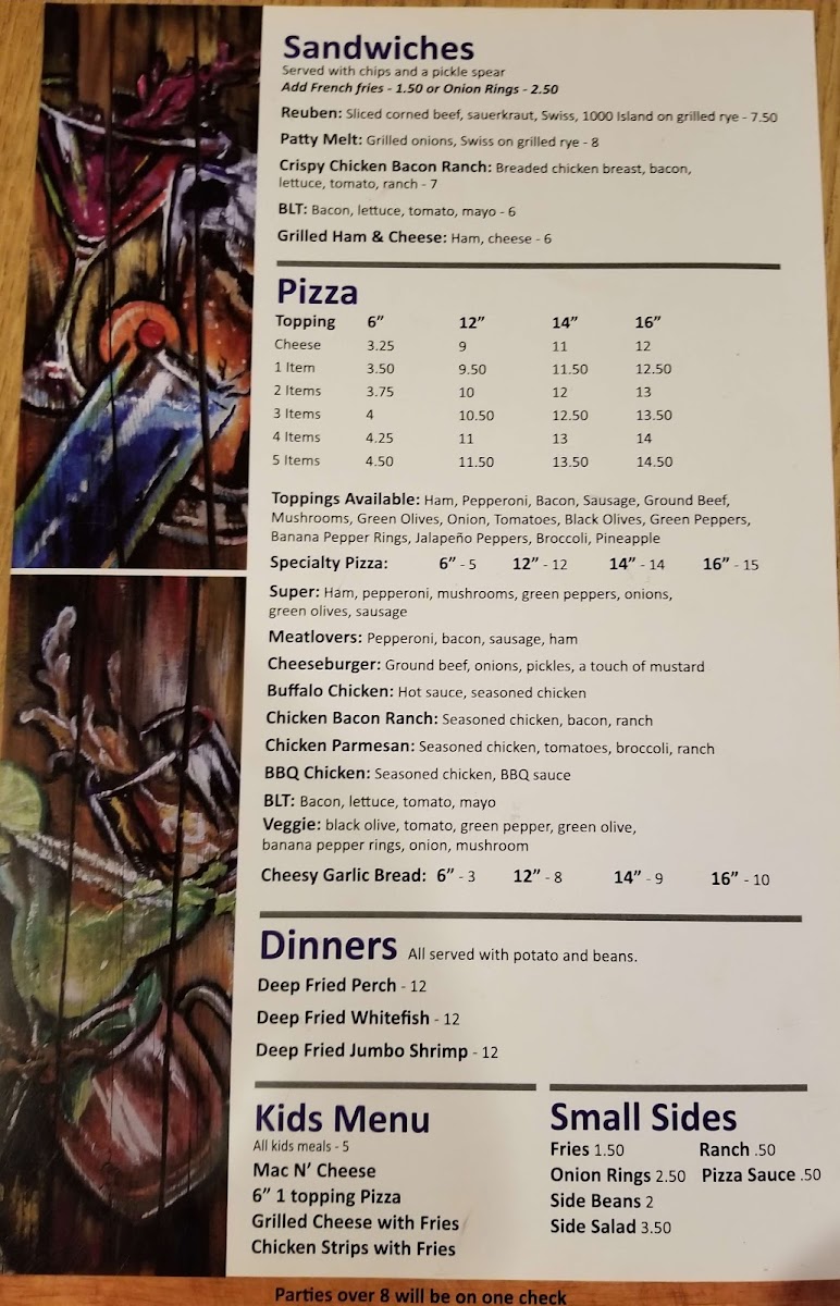 Mineral Springs Pizza Pub & Grill menu board