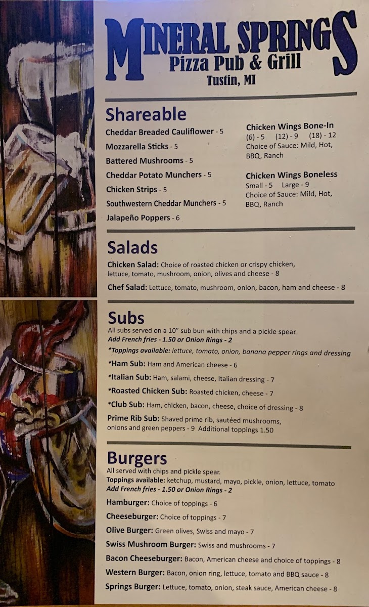 Mineral Springs Pizza Pub & Grill menu board