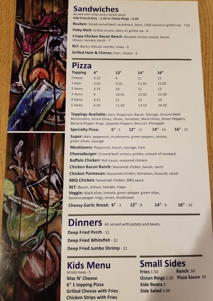 Mineral Springs Pizza Pub & Grill menu board