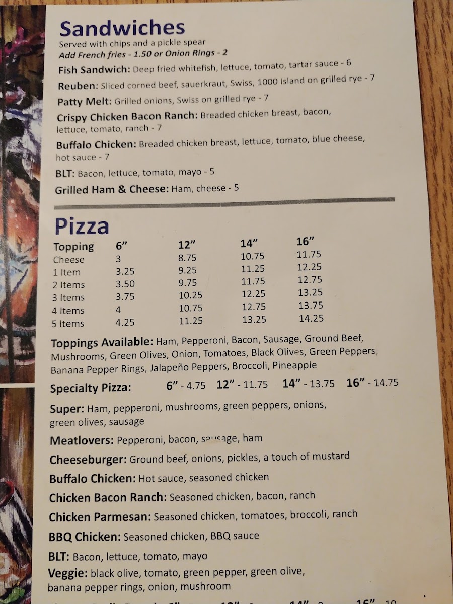 Mineral Springs Pizza Pub & Grill menu board