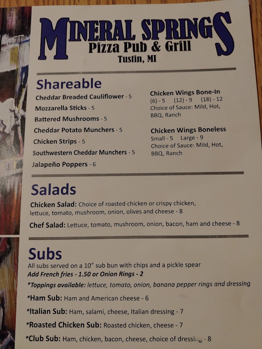 Mineral Springs Pizza Pub & Grill menu board