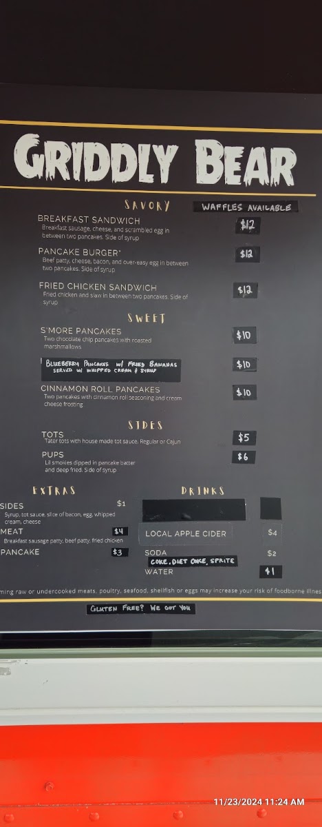 Griddly Bear menu board