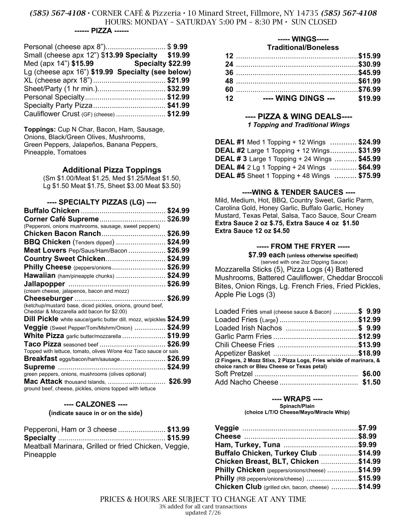 Corner Cafe & Pizzeria menu board