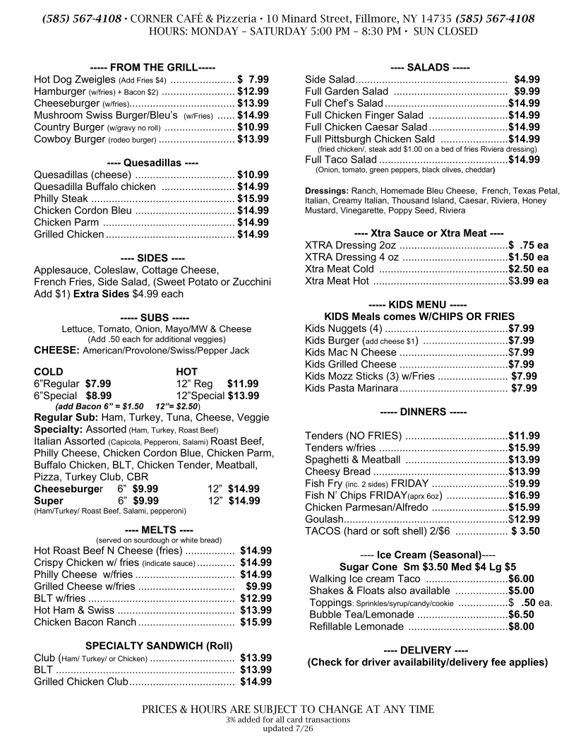 Corner Cafe & Pizzeria menu board