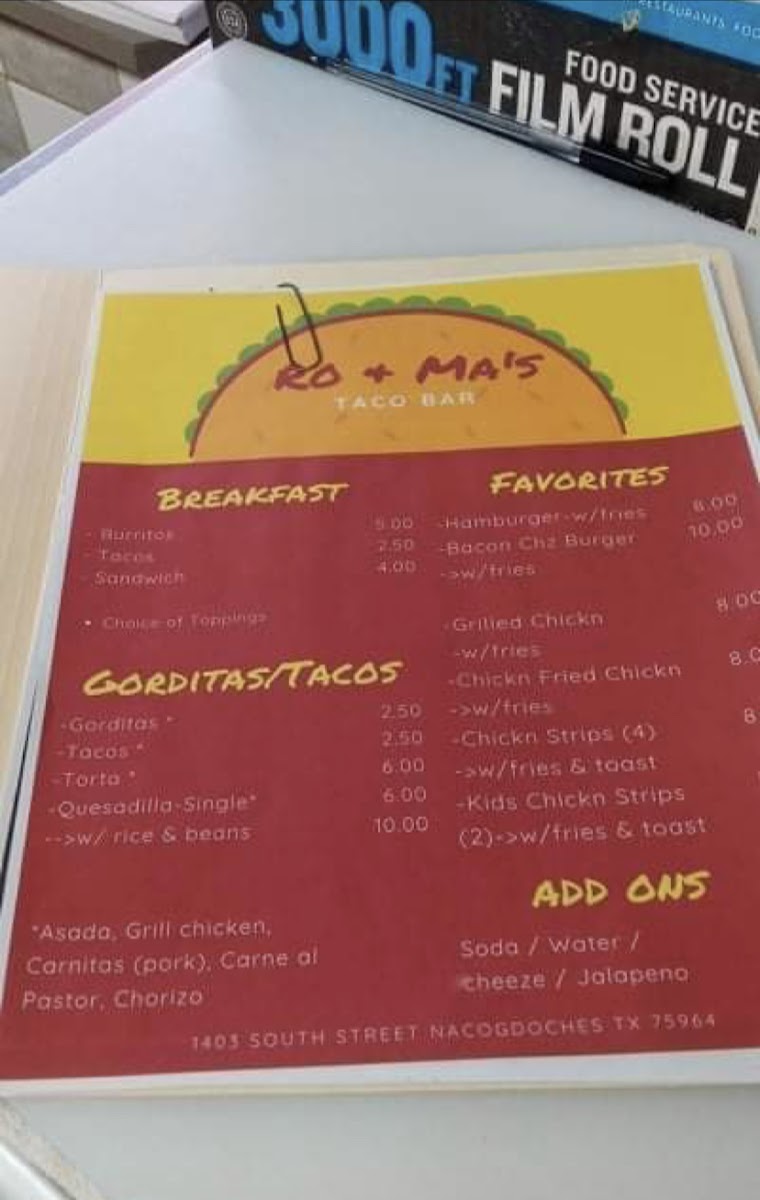 Ro & Ma's Taco Shop menu board